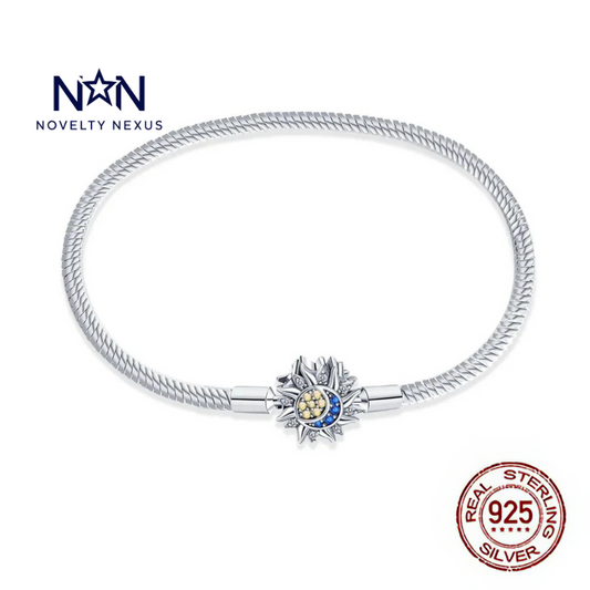 🎁 "Celestial Harmony": Sterling Silver Sun and Moon Charm Snake Chain Bracelet (100% off)