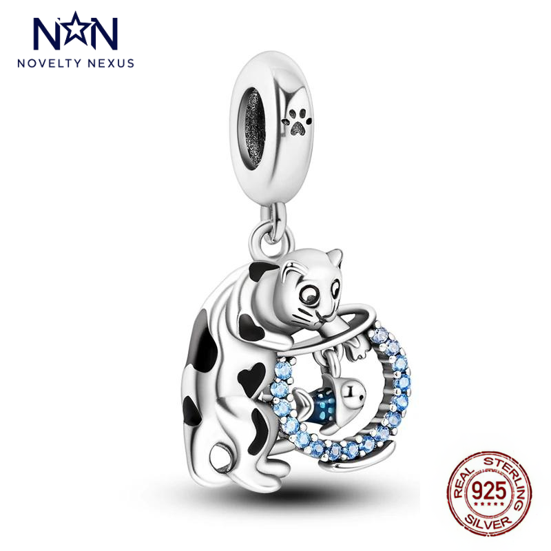 "Playful Cat and Fish" Sterling Silver Charm