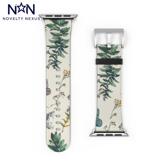 Botanical Garden Apple Watch Band, Vibrant Butterfly & Plant Illustrations, Durable Silicone Strap with Lush Greenery. Apple Watch Band Apple Watch Straps For Series 4 5 6 7 8 9 ULTRA SE 38/40/41mm & 42/44/45mm Vegan Faux Leather Band