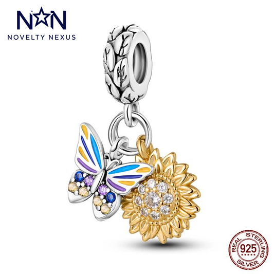 Vibrante ciondolo a forma di farfalla e girasole in argento sterling 925 con smalto colorato