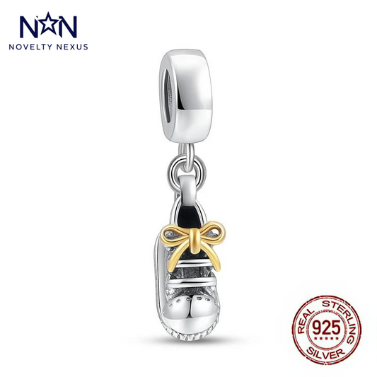 Baby Shoe Charm – Golden Bow, Sterling Silver