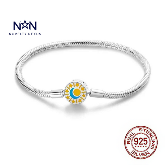 "Sun and Moon Harmony": Sterling Silver Snake Chain Charm Bracelet