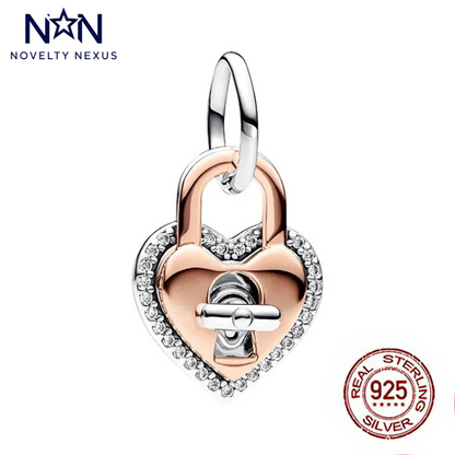 Rose Gold & Silver Heart Lock Charm with Crystal Accents