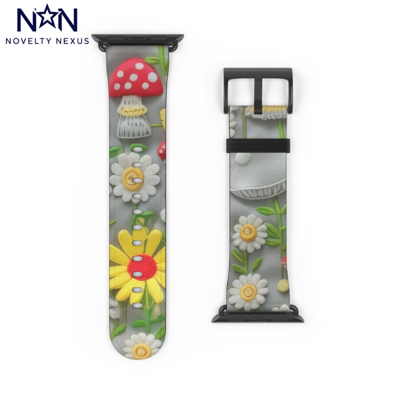 Verzaubertes Wald-Gänseblümchen- und Pilz-Apple-Watch-Armband, skurriles Smartwatch-Armband mit Naturmotiven. Apple Watch-Armband, Apple Watch-Armbänder für Serie 4, 5, 6, 7, 8, 9, ULTRA SE, 38/40/41 mm und 42/44/45 mm, veganes Kunstlederarmband