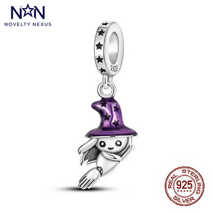 Magical Witch Charm in Sterling Silver with Purple Enamel Hat and Starry Details - Ideal for Halloween Jewelry