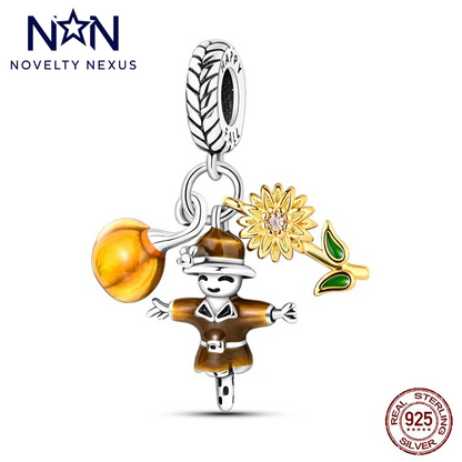 "Happy Fall" 925 Sterling Silber Vogelscheuchen Charm mit Sonnenblume und Kürbis