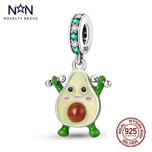 Cute Avocado Charm in Sterling Silver with Green Enamel and Sparkling Crystals - Perfect for Food Lovers