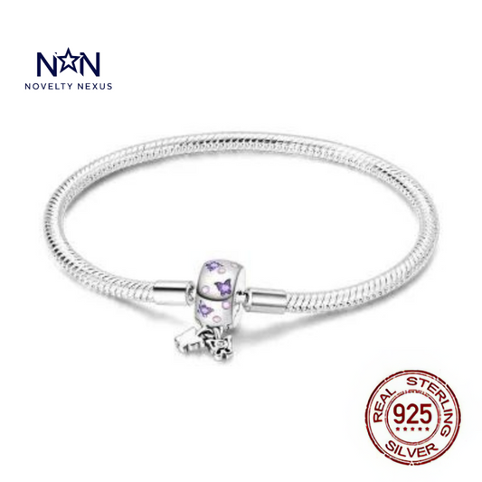 🎁 "Purple Butterflies": Enamel Butterfly Charm in Sterling Silver Snake Chain Bracelet (100% off)