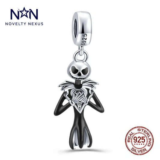 "Nightmare Skeleton King" Charm in Sterling Silver with Black Enamel, Gothic Halloween Pendant for Bracelets