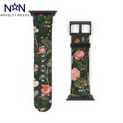 Midnight Garden Blooms Apple Watch Band, Dark Floral Elegance Smartwatch Strap, Nature-Inspired Rose Pattern Accessory. Apple Watch Band Apple Watch Straps For Series 4 5 6 7 8 9 ULTRA SE 38/40/41mm & 42/44/45mm Vegan Faux Leather Band