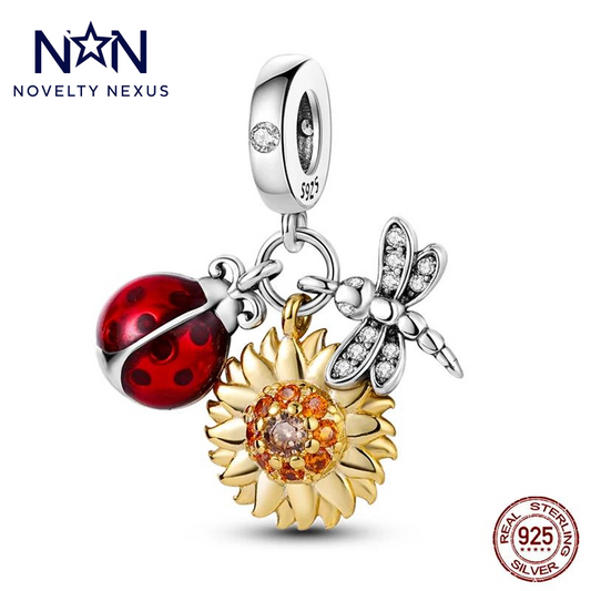 Incantevole cursore multi-ciondolo in argento sterling 925 con girasole, coccinella e libellula