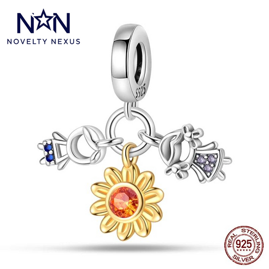 Bezaubernder Multi-Charm-Slider aus Sterlingsilber mit Sonnenblume und bunten Edelsteinen