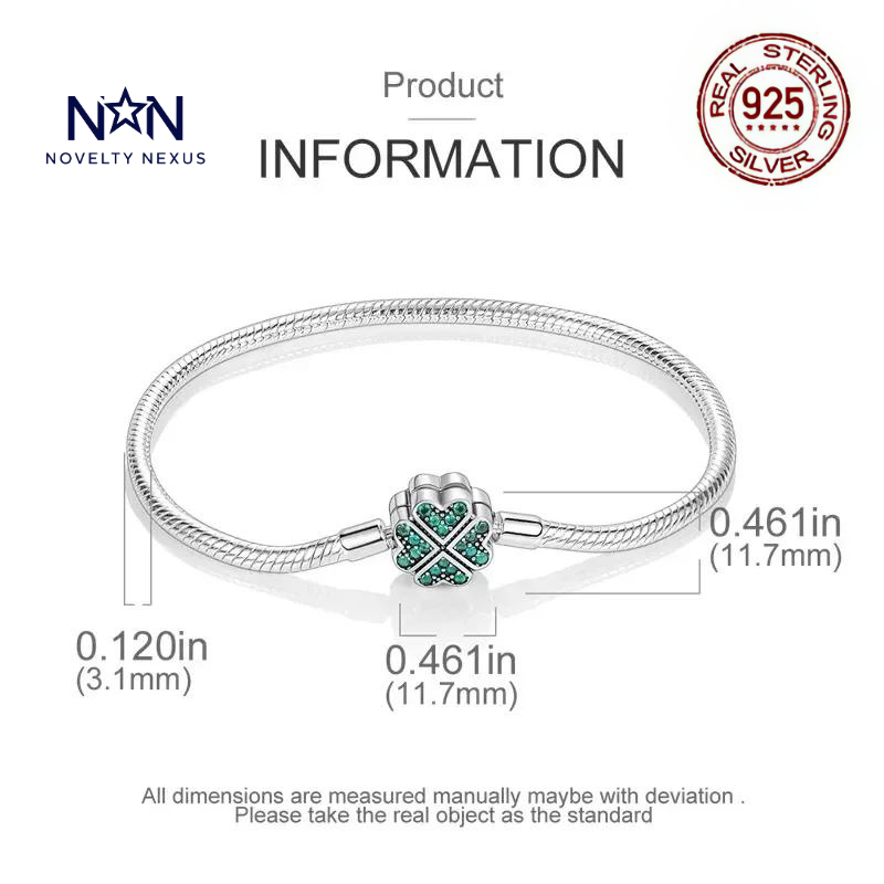 "Emerald Clovers": Grüner Kleeblatt-Anhänger in Schlangenkettenarmband aus Sterlingsilber