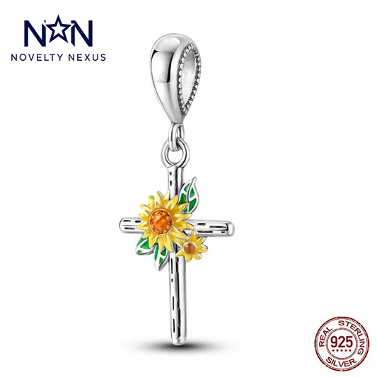 Ciondolo con croce girasole radioso in argento sterling, vivace disegno floreale con accenti di pietre preziose