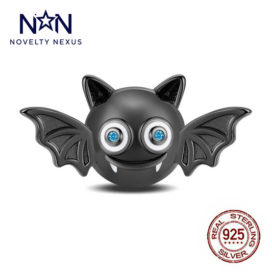 "Midnight Bat Charm" in Sterling Silver with Black Enamel and Blue Crystal Eyes, Halloween Bat Charm for Bracelets