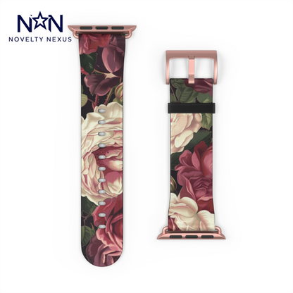 Romantic Rose Garden Apple Watch Band, Lush Floral Bloom Smartwatch Strap, Deep Red and Pink Rose Wristband Accessory. Apple Watch Band Apple Watch Straps For Series 4 5 6 7 8 9 ULTRA SE 38/40/41mm & 42/44/45mm Vegan Faux Leather Band