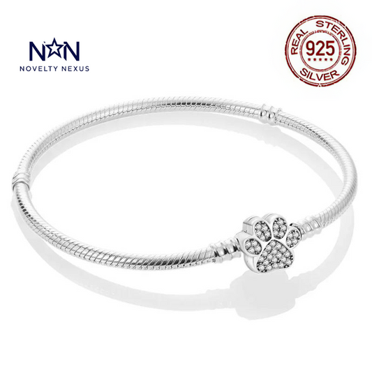 "Paw Prints": Crystal Paw Charm in Sterling Silver Snake Chain Bracelet