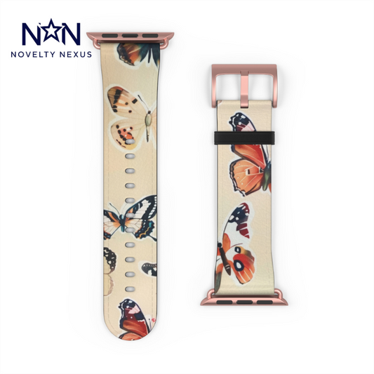 Fluttering Butterflies Apple Watch Band, Nature-Inspired Lepidoptera Design Strap, Soft-Hued Insect Pattern Wristband. Apple Watch Band Apple Watch Straps For Series 4 5 6 7 8 9 ULTRA SE 38/40/41mm & 42/44/45mm Vegan Faux Leather Band