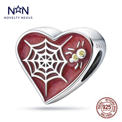 "Crimson Spider Web Heart" Charm in Sterling Silver with Red Enamel and Yellow Crystals, Gothic Halloween Charm for Bracelets