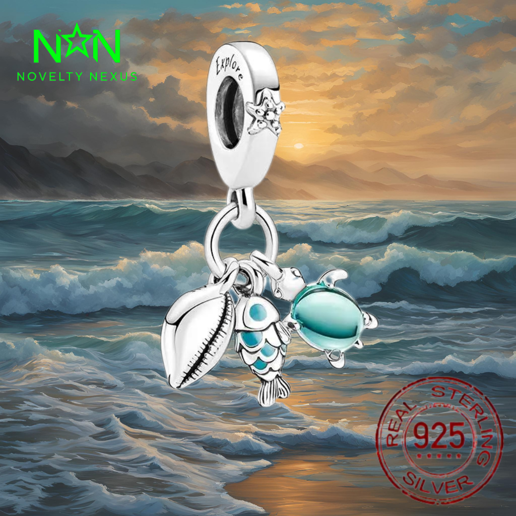 Explore Ocean Treasures Sterling-Silber-Charm – Anhänger mit Schildkröte, Muschel und türkisfarbener Perle für Reiseliebhaber