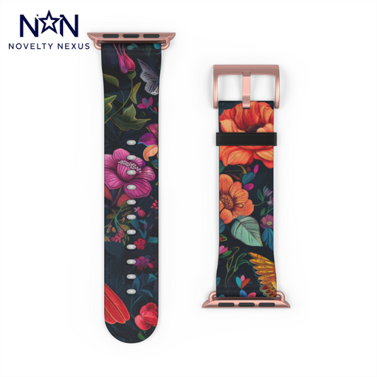 Midnight Blossoms Apple Watch Band, Vibrant Night Garden Floral Print, Stylish and Bold Smartwatch Accessory. Apple Watch Band Apple Watch Straps For Series 4 5 6 7 8 9 ULTRA SE 38/40/41mm & 42/44/45mm Vegan Faux Leather Band