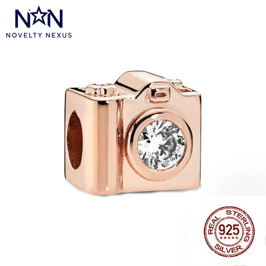 Rose Gold Camera Charm with Crystal Lens