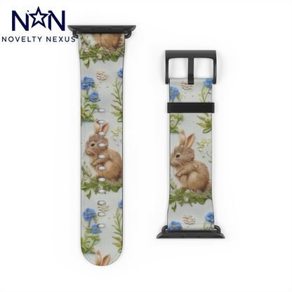 Springtime Bunny & Florals Apple Watch Band, Charming Rabbit Illustration, Pastel Blue Smartwatch Accessory. Apple Watch Band Apple Watch Straps For Series 4 5 6 7 8 9 ULTRA SE 38/40/41mm & 42/44/45mm Vegan Faux Leather Band