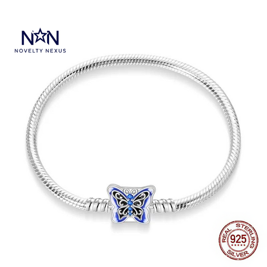 "Blue Monarch": Butterfly Charm in Sterling Silver Snake Chain Bracelet