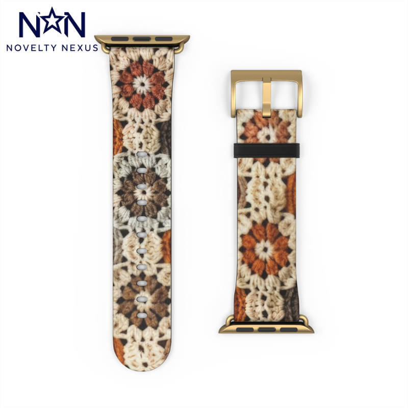 Cozy Crochet Granny Square Apple Watch Band, Handmade Aesthetic Design, Warm Autumn Tones Smartwatch Strap. Apple Watch Band Apple Watch Straps For Series 4 5 6 7 8 9 ULTRA SE 38/40/41mm & 42/44/45mm Vegan Faux Leather Band