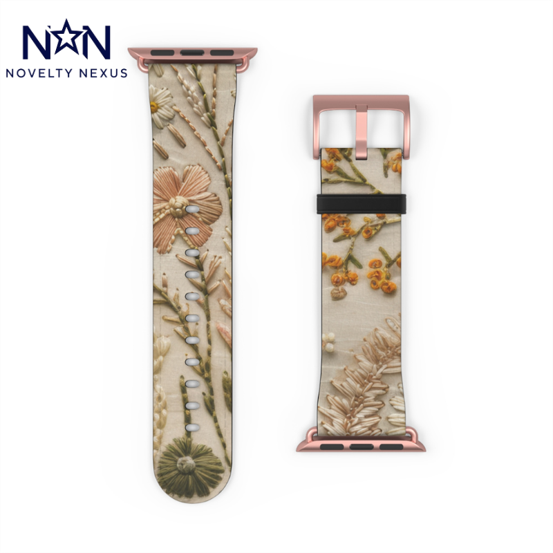 Apple Watch-Armband mit natürlicher botanischer Illustration, elegantes beiges Blumendesign, neutral getöntes Smartwatch-Armband. Apple Watch-Armbänder für die Serie 4, 5, 6, 7, 8, 9, ULTRA SE, 38/40/41 mm und 42/44/45 mm, veganes Kunstlederarmband