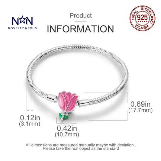 "Pink Petal": Lotus Flower Charm in Sterling Silver Snake Chain Bracelet