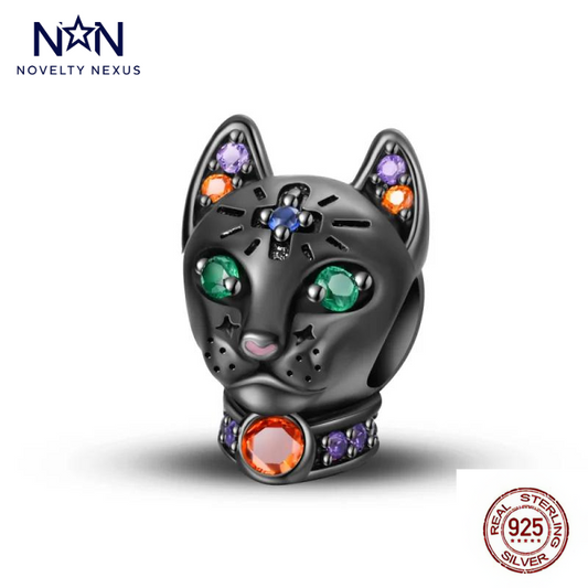 "Enchanted Black Cat" Black Sterling Silver Charm with Gemstones