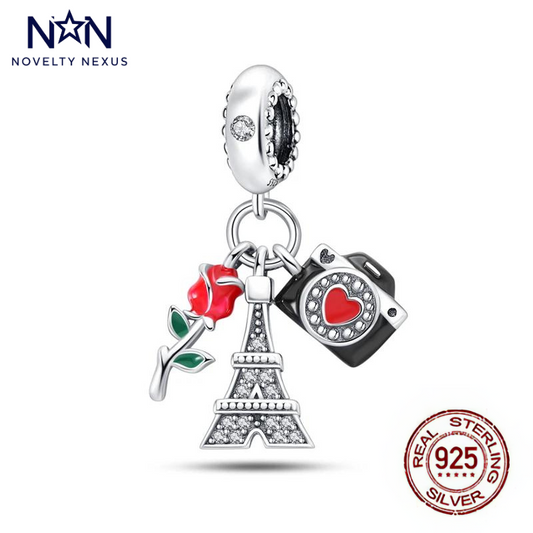 "Paris Romance" Eiffel Tower, Rose, and Camera Charm. Sterling Silver