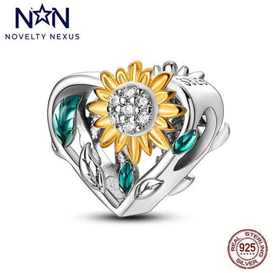 Sterling Silver Heart Charm with Sunflower and Leaf Motif, Embellished with Golden Enamel and Teal Crystals