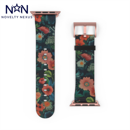 Enchanted Garden Floral Apple Watch Band, Lush Botanical Print, Elegant Dark Background Smartwatch Strap. Apple Watch Band Apple Watch Straps For Series 4 5 6 7 8 9 ULTRA SE 38/40/41mm & 42/44/45mm Vegan Faux Leather Band