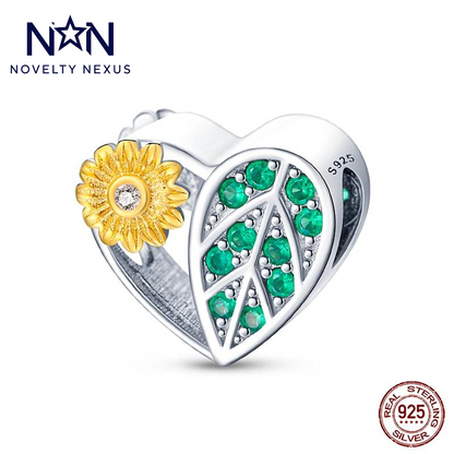 Charm Cuore in Argento 925 con Dettagli di Girasole e Foglia, Arricchito con Smalto Dorato e Cristalli