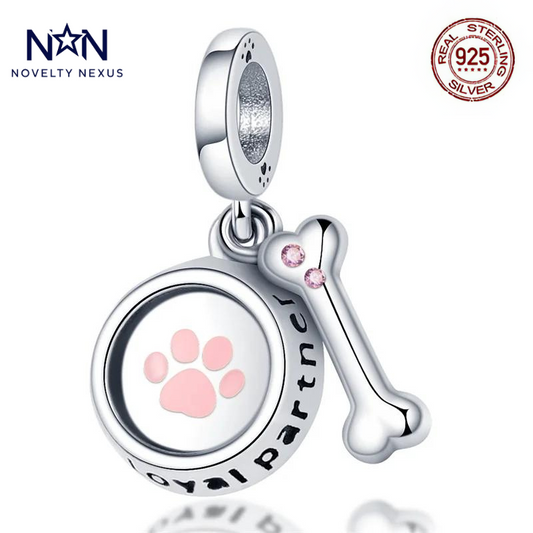 "Loyal Partner" Paw Print and Bone Charm. Sterling Silver