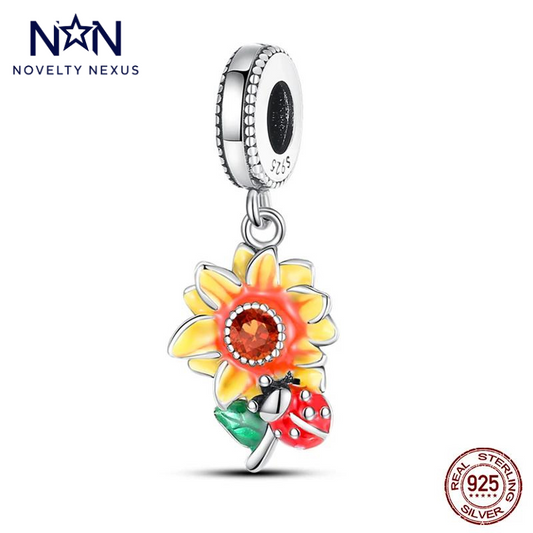 Ciondolo girasole in argento sterling con dettaglio coccinella, smalto vivace e accenti di cristallo