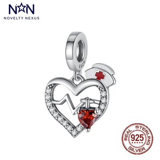 Elegant Sterling Silver Heartbeat Charm with Red Crystal, Nurse and Medical Professional Jewelry, Perfect Gift for Healthcare Workers