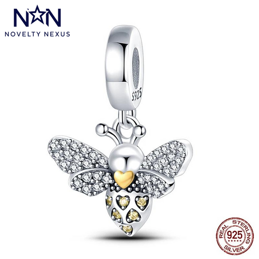 Sterling Silver Bee Charm with Sparkling Crystals and Golden Heart, Symbol of Love and Industriousness