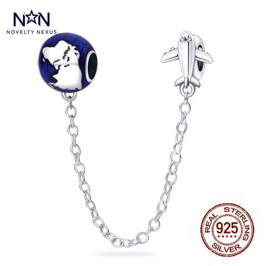 Globe and Airplane Safety Chain Charm – Perfect for Travel Enthusiasts, Sterling Silver