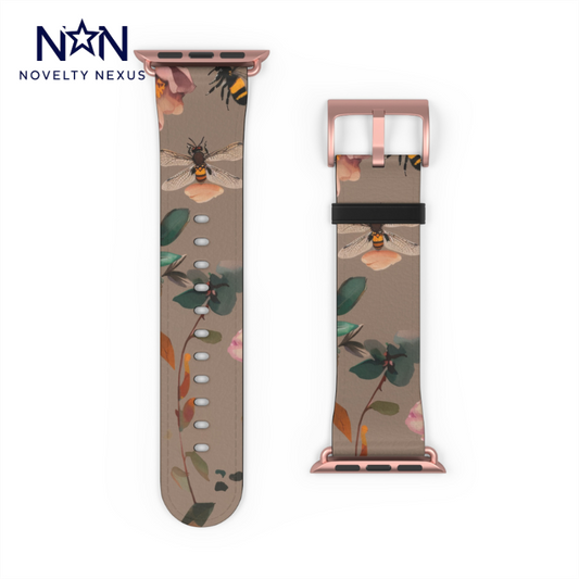 Nature-Inspired Bee and Floral Apple Watch Band, Pollinator Garden Smartwatch Strap, Unique Botanical Wristband Design. Apple Watch Band Apple Watch Straps For Series 4 5 6 7 8 9 ULTRA SE 38/40/41mm & 42/44/45mm Vegan Faux Leather Band