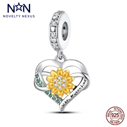 Herzanhänger aus Sterlingsilber mit goldener Sonnenblume und Kristallakzenten