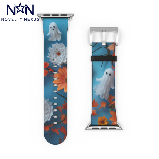 Charming Ghosts and Autumn Leaves Apple Watch Band, Spooky Cute Floral Design, Seasonal Smartwatch Strap. Apple Watch Band Apple Watch Straps For Series 4 5 6 7 8 9 ULTRA SE 38/40/41mm & 42/44/45mm Vegan Faux Leather Band