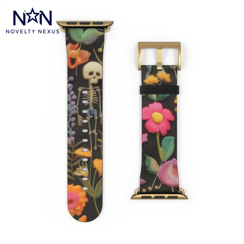 Gothic-Blumen-Totenkopf-Armband für die Apple Watch, leuchtende Blüten mit Skelett, kantiges botanisches Smartwatch-Armband. Apple Watch-Armbänder für die Serie 4, 5, 6, 7, 8, 9, ULTRA SE, 38/40/41 mm und 42/44/45 mm, veganes Kunstlederarmband