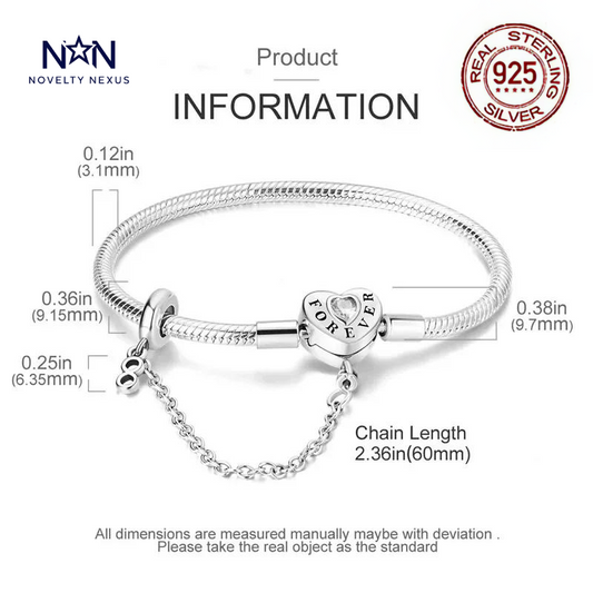 "Forever Love": Heart Charm with Crystal in Sterling Silver Snake Chain Bracelet