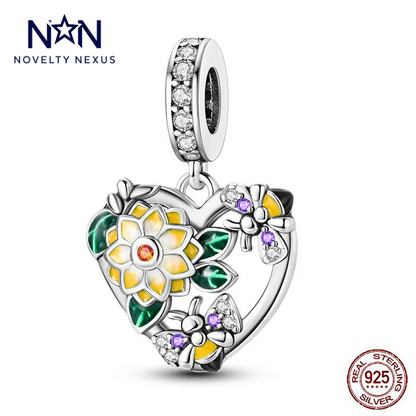 Ciondolo a forma di cuore da giardino incantato in argento sterling, riccamente decorato con smalti colorati e accenti di cristallo