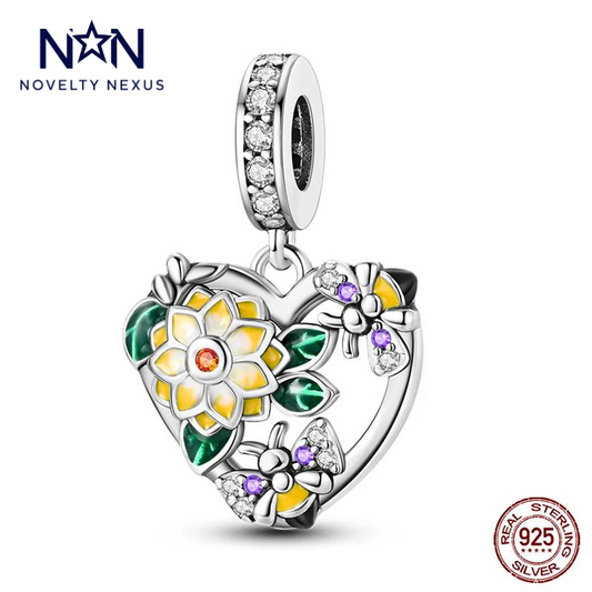 Enchanted Garden Heart Charm in Sterling Silver, Richly Adorned with Colorful Enamel and Crystal Accents