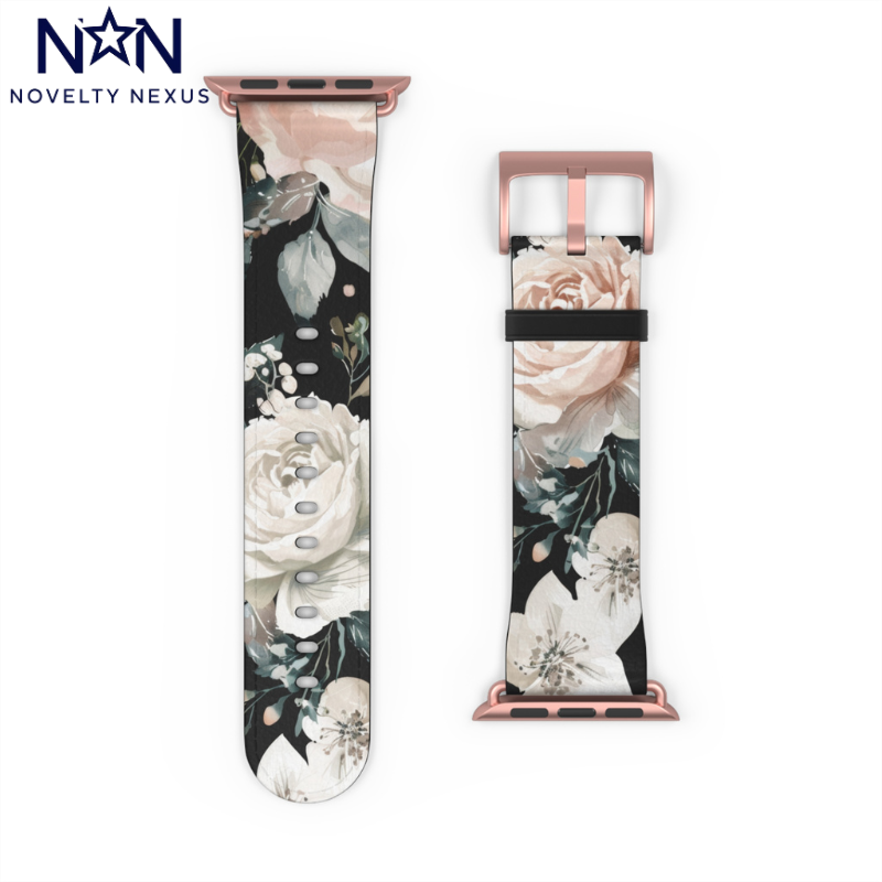 Sophisticated Floral Chic Apple Watch Band, Elegant Rose and Peony Design Strap, Modern Botanical Smartwatch Accessory. Apple Watch Band Apple Watch Straps For Series 4 5 6 7 8 9 ULTRA SE 38/40/41mm & 42/44/45mm Vegan Faux Leather Band