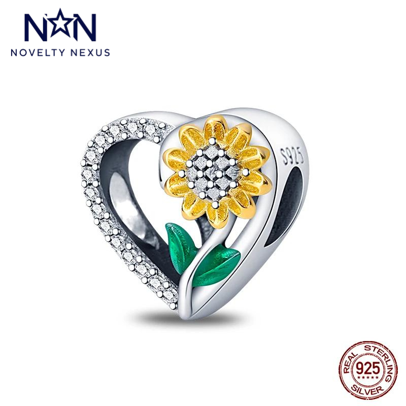 Sterling Silver Sunflower Heart Charm with Crystal Accents, Exquisite Floral Design for Nature-Inspired Elegance